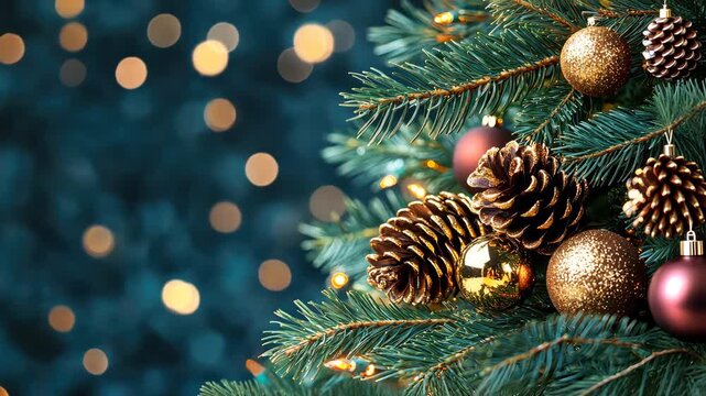 Holiday Cheer: A close-up shot of a Christmas tree adorned with pinecones, ornaments and twinkle lights, capturing the essence of the festive spirit and holiday season.