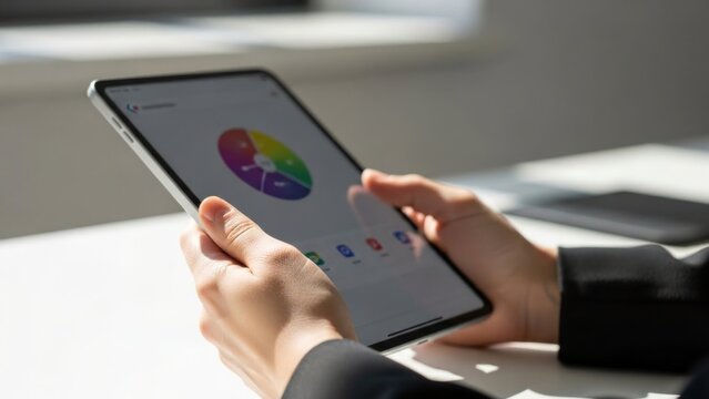 Hands holding a tablet displaying a colorful pie chart and graphs for data analysis and business presentation