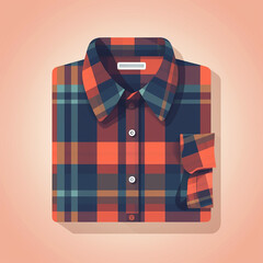 Topdown view of a neatly folded flannel shirt featuring a vibrant plaid pattern in shades of orange, red, and dark blue against a light background