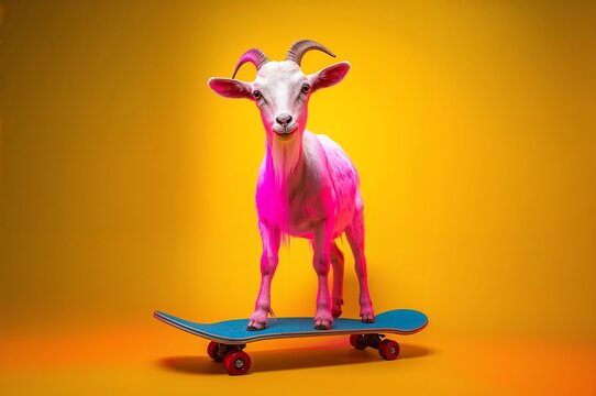 Funny Skateboard Goat: Pink Lighting and Yellow Background Studio Portrait