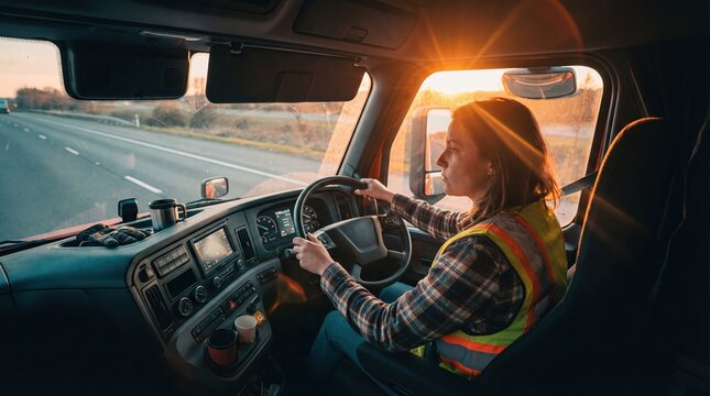 Driver's point of view from inside a commercial truck cabin on a highway, with steering wheel and side-view mirror.