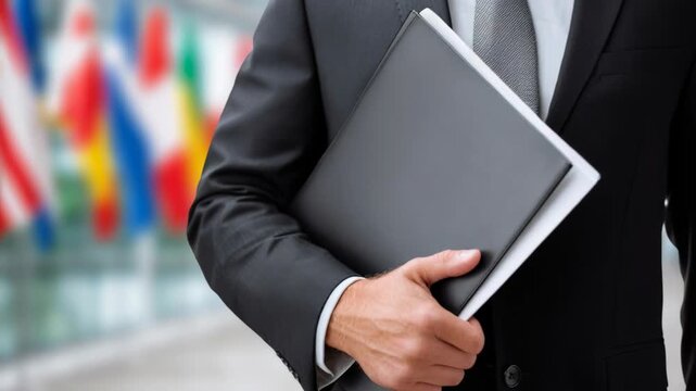 A professional businessman in a suit holds a black folder against a blurred background of international flags, symbolizing global business.