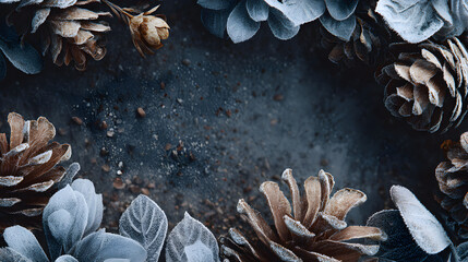 Winter frosted leaves and snow-dusted pinecones forming elegant cold-season frame around open center