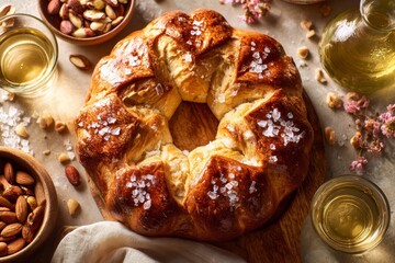 Pan de Rosca, golden-brown bread ring shaped, garnished with sea salt. Concept of inviting festive atmosphere, highlighting traditional artisan baking. Bread ring shaped traditional festive