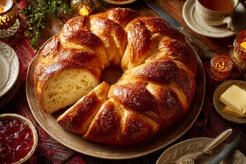 Pan de Rosca on wooden table, golden brown with criss-cross pattern, slice taken out, bowl of jam, plate of butter. Concept of warm, inviting atmosphere, bread ring shaped traditional festive.