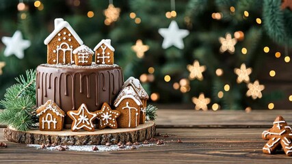 Christmas Feast: A beautifully crafted Christmas cake, adorned with gingerbread houses and festive stars, sits atop a rustic wooden surface, offering a delectable treat and a glimpse of holiday magic.
