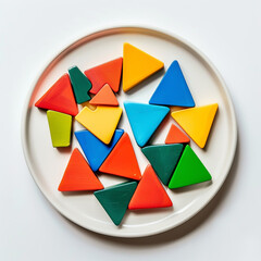 Assortment of colorful plastic geometric triangle shapes scattered randomly on a plain white ceramic plate, isolated on white background