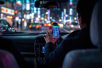 Driver operating smartphone in car, hands on steering wheel.