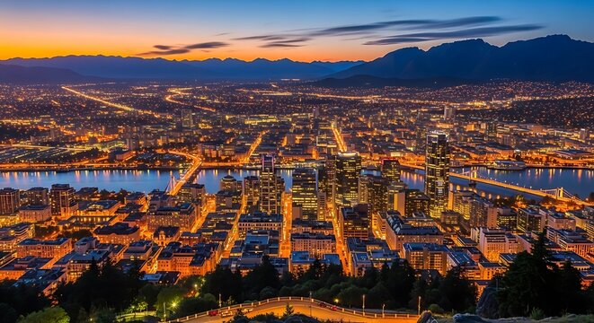 Cityscape illuminated by golden sunset glow with distant mountains. - Powered by Adobe