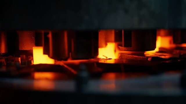 Medium shot focusing on mediumlevel case hardening showing steel components in a controlled carburizing environment with glowing surfaces.