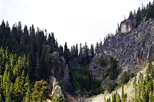 A rugged alpine ridge in Mount Rainier National Park, with steep rocky cliffs, dense evergreens, and a dramatic mountain valley typical of the Pacific Northwest.