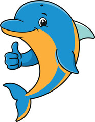 Cartoon dolphin giving a thumbs up gesture illustration on white background