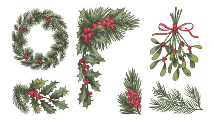 Modern Textured Christmas Botanical Collection - Easy-to-Use Vector Elements for Design