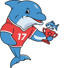 Cartoon Dolphin Athlete Winning a Trophy with Fish on Top Design