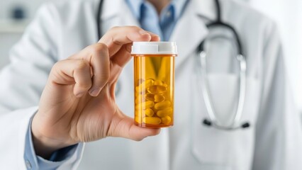 Doctor holds prescription medication bottle with yellow capsules for patient treatment