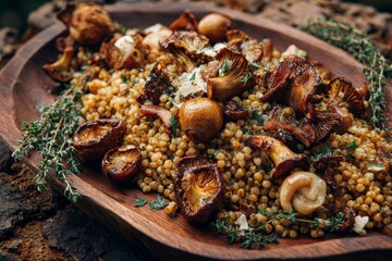 Pilaf served on wooden plate, combined with mushrooms, couscous, herbs. Concept of festive, traditional rice dish, showcasing vibrant colors, inviting textures, cooked perfectly.