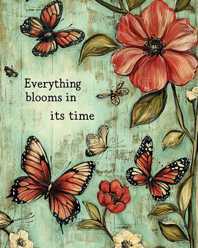 AI Generated - Poster with a painting of butterflies and flowers, with the words "Everything Blooms in Its Time" written across the top. Commercial illustration artwork. Illustration. High-resolution.