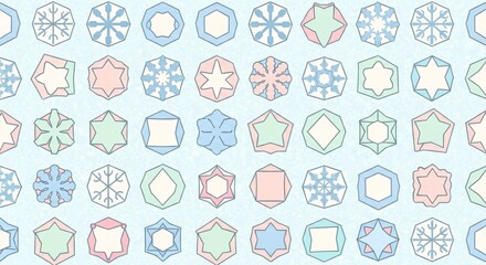 Geometric pattern of colorful snowflakes on light blue background  