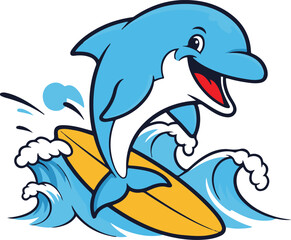 Cartoon Dolphin Surfing on Wave Isolated Illustration for Kids