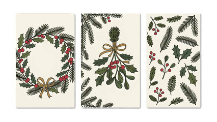 Retro Christmas Greenery Vector Illustration - Traditional Holiday Wreath and Floral Doodles