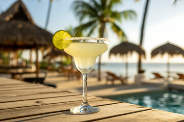 Refreshing margarita cocktail with lime on a wooden deck by a tropical poolside