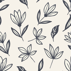 Hand drawn floral pattern seamless botanical line art design with simple monochrome flowers and leaves minimal decorative outline illustration repeating nature inspired artwork background.