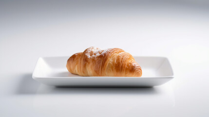 A single golden brown croissant dusted lightly with powdered sugar, presented elegantly on a rectangular white plate against a bright white background