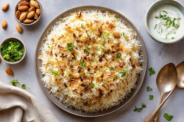 Plate of pilaf served with fried onions, coriander leaves, tzatziki sauce, spoons, cloth on gray surface. Concept of rice meat cooked traditional festive dish preparation.