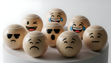 Title:
Emoji faces in wooden eggs: row of playful, expressive icons for mood and emotion themes