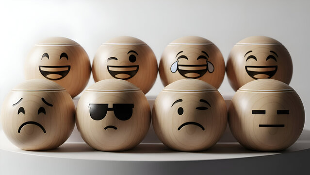 Title:
Emoji faces in wooden eggs: row of playful, expressive icons for mood and emotion themes - Powered by Adobe