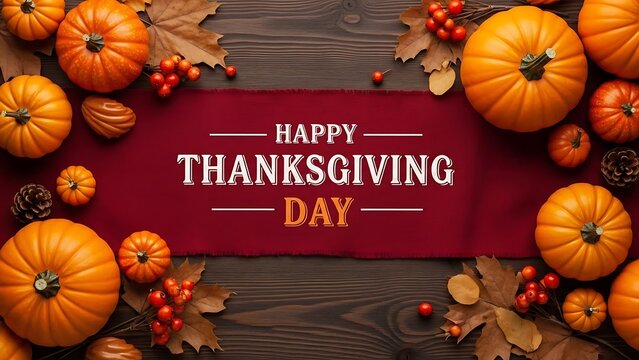 Happy thanksgiving day banner with pumpkins, fall leaves, berries, on wood