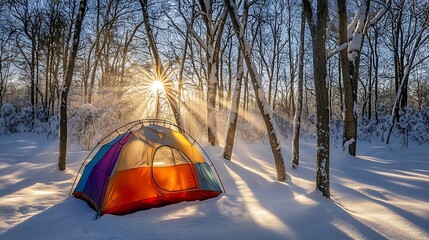Vibrant camping tent glows at sunrise in snowy winter woods, a scene of peaceful solitude and outdoor adventure perfect for travel and tourism campaigns