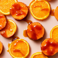 Closeup overhead view of sweet orange slices glazed with a thick, glossy, ambercolored sauce on a light pink surface