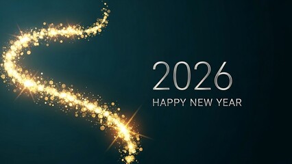 Elegant 2026 happy new year celebration background with sparkling gold trail and silver numbers on a dark blue backdrop for festive greetings