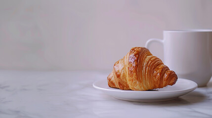 A golden brown, flaky croissant served on a small white saucer next to a white coffee mug on a light marble surface