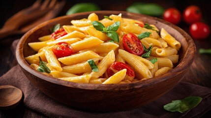 Delicious penne pasta with a creamy sauce, fresh basil, and juicy cherry tomatoes, served in a rustic wooden bowl on a warm, inviting background. Comfort food at its finest!