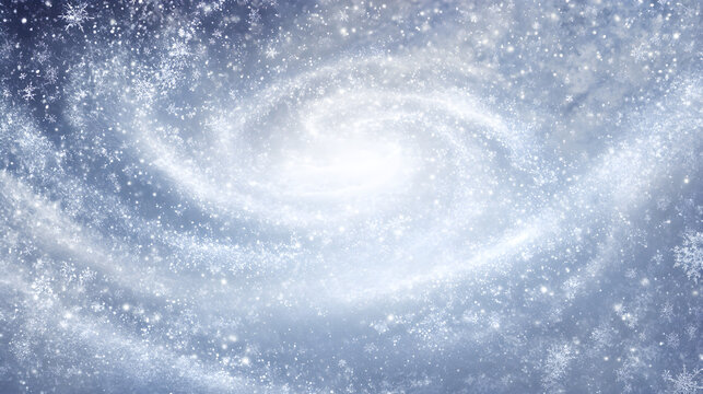 Winter magic background with swirling snow particles and delicate frost patterns surrounding bright center - Powered by Adobe