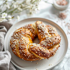 A beautifully braided sweet yeast bread wreath topped with pearl sugar resting on a light gray plate with soft white blossoms in the background