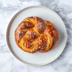 Overhead view of a freshly baked, goldenbrown challah knot sprinkled with coarse salt resting on a simple white plate against marble