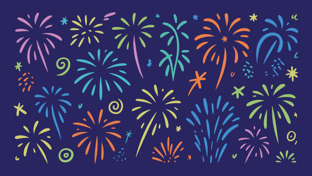 Hand-Drawn Colorful Fireworks Seamless Pattern Vector Set for New Year, Diwali, and Celebration Events
