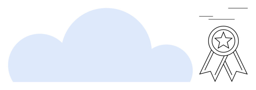Cloud symbol with an achievement ribbon featuring a star, signifying storage, success, and quality. Ideal for technology, data, recognition, achievement success cloud computing minimalism. Simple