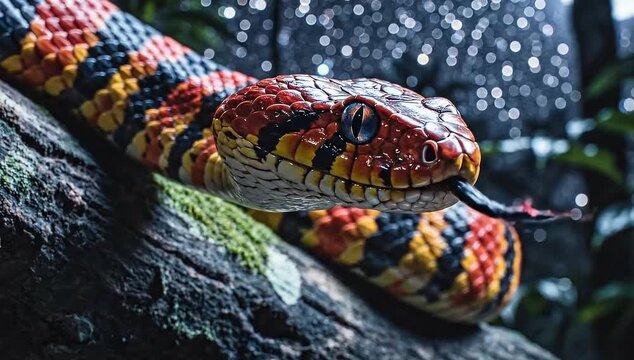 Striking coral snake slithering across mossy tree branch under starry moonlight