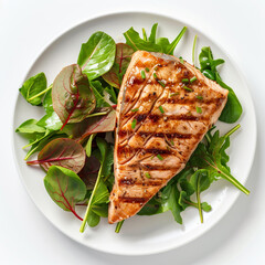Perfectly grilled salmon steak served atop a fresh bed of mixed green salad leaves on a clean white plate, isolated on white background