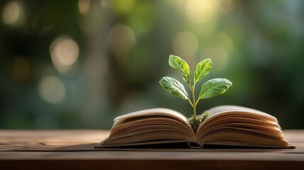 A seedling sprouts from the pages of an open book, symbolizing knowledge, growth, and the environment. The blurred green background enhances the focus on education and nature.