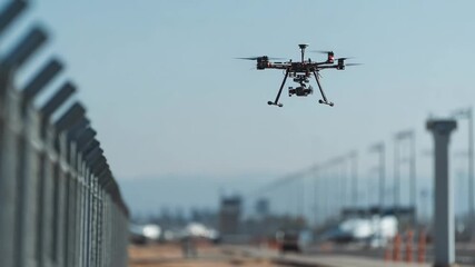 Medium shot capturing a drone patrol equipped with cameras scanning the perimeter of an airport demonstrating automated wildlife monitoring in action.