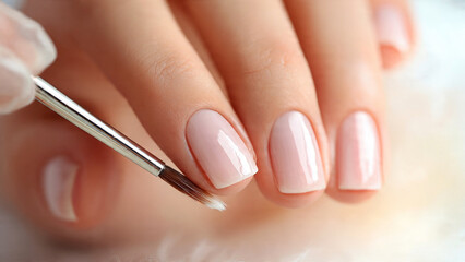 Nail technician applying nude pink gel polish to well-groomed female fingernails.