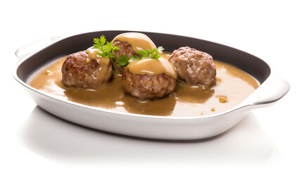 Four savory meatballs smothered in rich brown gravy and garnished with fresh parsley, served in a white oval baking dish isolated on white background