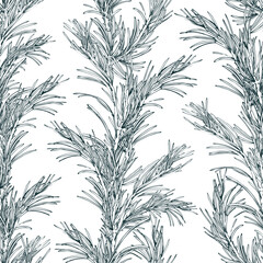 A seamless pattern of pine branches with fluffy, classic floral garlands. This graphic line art illustration is hand-drawn with pen and ink in monochrome. Christmas, winter, and New Year s print.