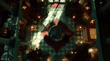 Overhead view of a grand, dimly lit interior space featuring a central circular fountain or feature surrounded by checkered flooring and architectural detail