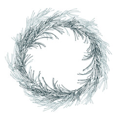 Obraz premium A classic, traditional round wreath of fluffy pine branches. A hand-drawn monochrome line art graphic illustration with pen and ink. A Christmas, winter, or New Year s frame with a text template.